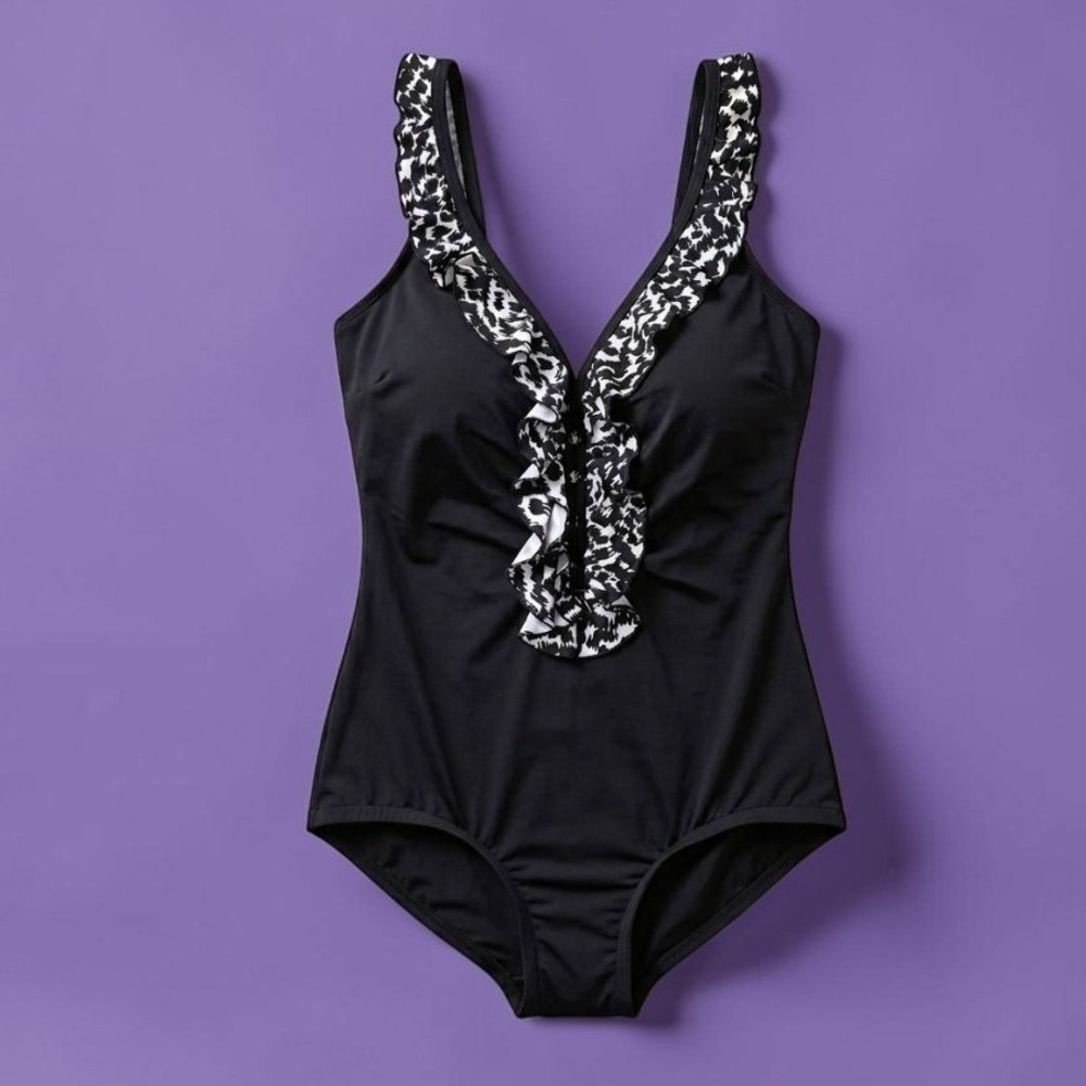 Black Animal Print Ruffle One Piece Swimsuit size 12 full coverage sexy‎ modest